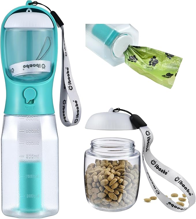 Dog Water Bottle with Food Container & Poop Bag Holder, Travel Water Bowl, Portable Pet Dispenser, Dog Stuff Accessories Items, Puppy Essentials Necessities for Yorkie Chihuahua Walking Hiking