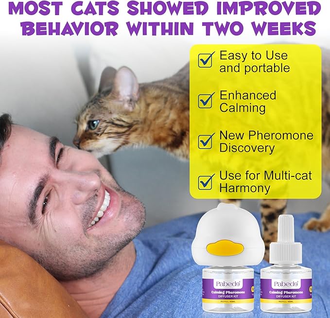 Cat Pheromones Calming Diffuser, 2 in 1 Cat Calming Starter Kit (Diffuser Head + 2pcs 48ml Vial) for 60 Days Use, Enhanced Cat Calming Diffuser Kit for Cat Anxiety Relief