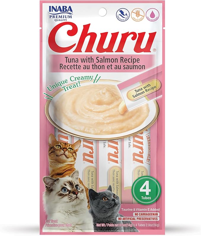 INABA Churu Cat Treats, Grain-Free, Lickable, Squeezable Creamy Purée Cat Treat/Topper with Vitamin E & Taurine, 0.5 Ounces Each Tube, 4 Tubes, Tuna with Salmon Recipe