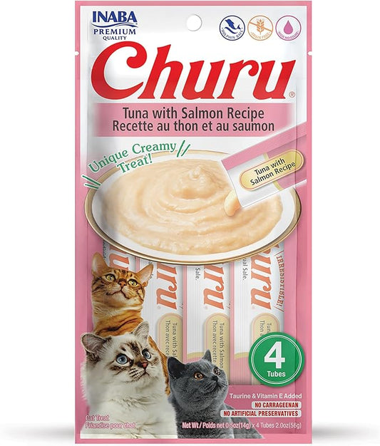 INABA Churu Cat Treats, Grain-Free, Lickable, Squeezable Creamy Purée Cat Treat/Topper with Vitamin E & Taurine, 0.5 Ounces Each Tube, 4 Tubes, Tuna with Salmon Recipe