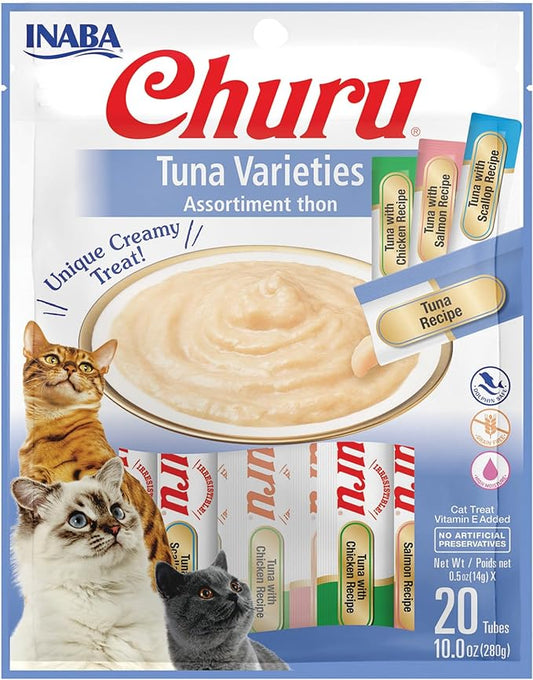 INABA Churu Cat Treats, Lickable, Squeezable Creamy Purée Cat Treat with Green Tea Extract & Taurine, 0.5 Ounces Each Tube, 20 Tubes, Tuna Variety Bag (with Salmon)