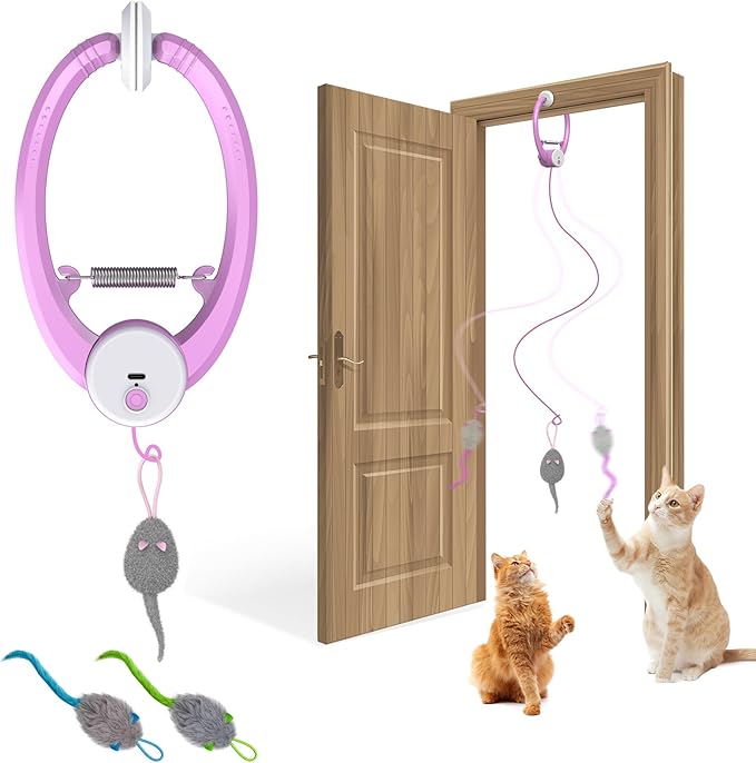 Cat Toy Interactive for Indoor Cats, Smart USB Rechargeable Door Hanging Automatic Retractable Kitten Toys, Teaser Electronic Self Play Feather Cat String Toys Attached with 3 Catnip Mice Purple