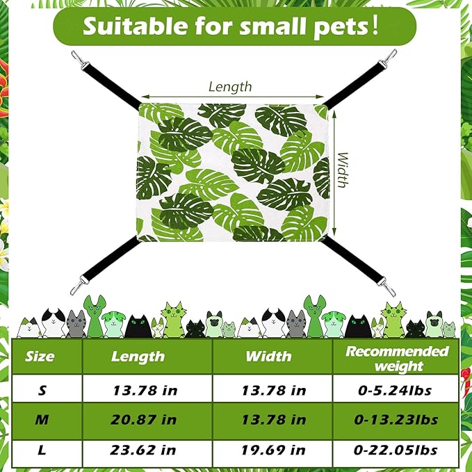 Jetec 2 Pieces Reversible Cat Hanging Hammock Soft Breathable Pet Cage Hammock with Adjustable Straps and Metal Hooks Double Sided Hanging Bed for Cats Small Dogs Rabbits (Monstera Leaf,L)