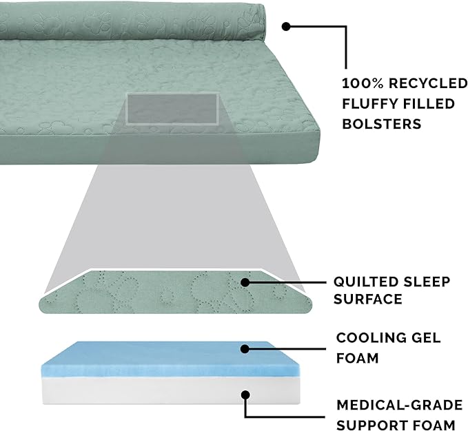 Furhaven Cooling Gel Dog Bed for Large Dogs w/ Removable Bolsters & Washable Cover, For Dogs Up to 95 lbs - Pinsonic Quilted Paw L Shaped Chaise - Iceberg Green, Jumbo/XL