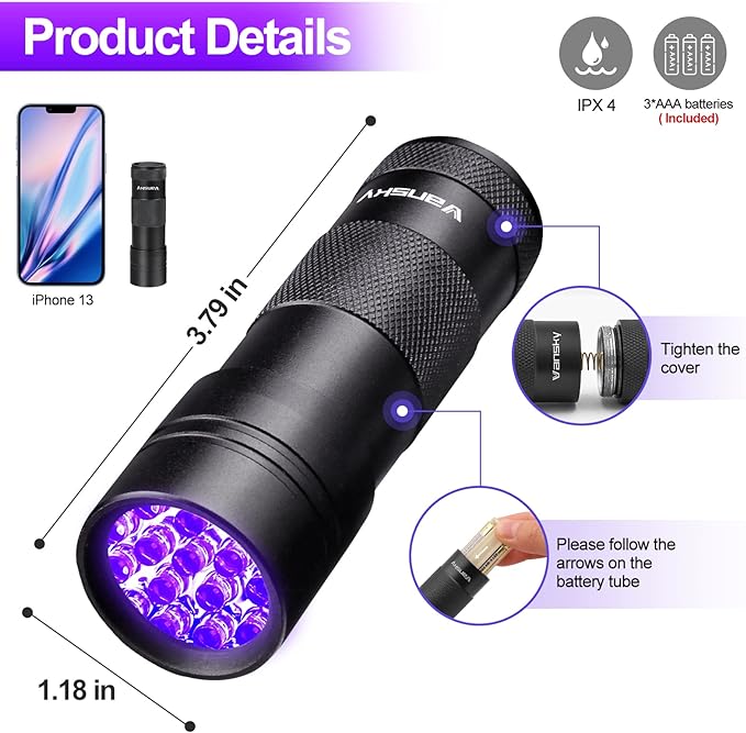 Black Light UV Flashlight,Vansky Blacklight 12 LED Urine Detector For Dog/Cat/Pet Urine & Dry Stains and Bed Bug On Carpets/Rugs/Floor,Matching with Pet Odor Eliminator