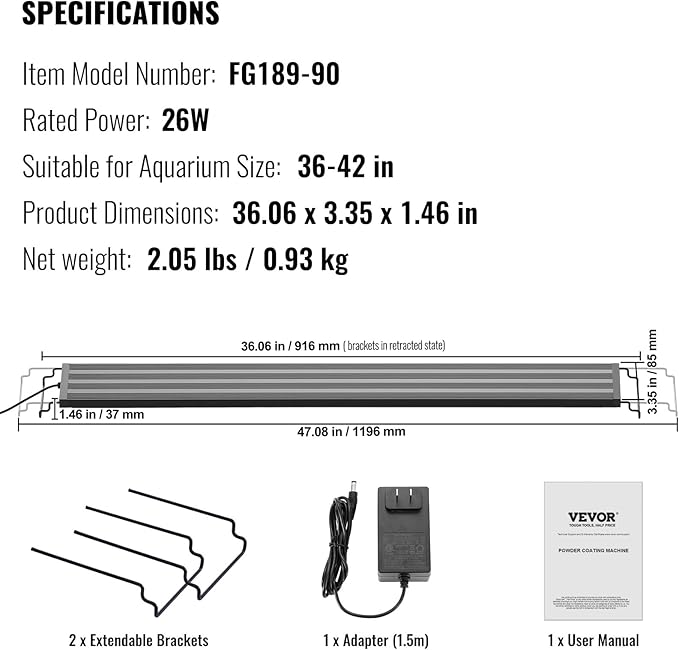 VEVOR Aquarium Light, 26W Full Spectrum Fish Tank Light with 5 Levels Adjustable Brightness, Adjustable Timer and Power-Off Memory, with ABS Shell Extendable Brackets for 36"-42" Freshwater Fish Tank