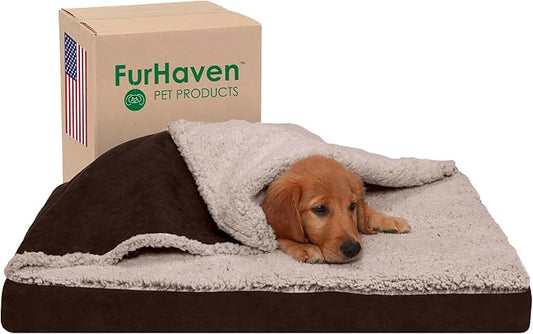 Furhaven Cooling Gel Dog Bed for Medium/Small Dogs w/ Removable Washable Cover, For Dogs Up to 35 lbs - Berber & Suede Blanket Top Mattress - Espresso, Medium