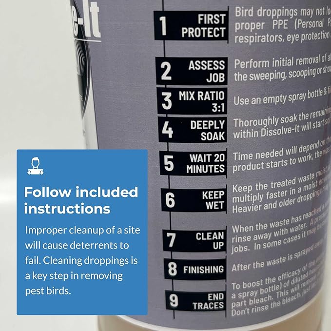 Bird Barrier Dissolve-It Max Enzyme Cleaner - Mix with Water – Bird Dropping Cleaner - Dissolves Waste – Treat Affected Areas Before Installing Bird Control Products - Bird Cage Cleaner - 1 Quart