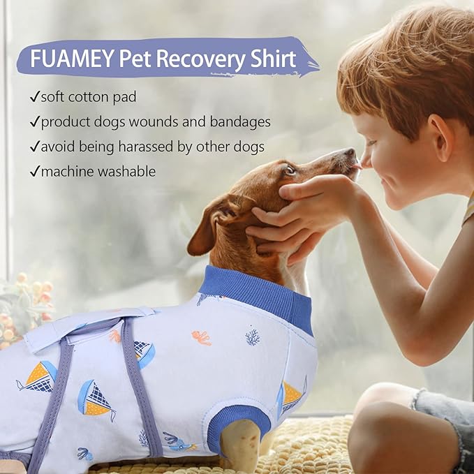 FUAMEY Recovery Suit for Dogs After Surgery,Soft Breathable Dog Bodysuit E-Collar & Cone Alternative Surgical Suit,Male Female Dog Neuter Spay Suits Anti Licking Wounds Onesie Blue Boat XS