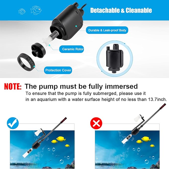 AQQA Aquarium Gravel Cleaner, 6-in-1 Electric Fish Tanks Gravel Vacuum Cleaner Set for Remove Dirt, Change Water, Wash Sand, Water Shower, Water Circulation (20W, 320GPH)