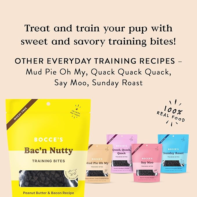 Bocce's Bakery Bac'N Nutty Training Treats for Dogs, Wheat-Free Dog Treats, Made with Real Ingredients, Baked in The USA, All-Natural & Low Calorie Training Bites, PB & Bacon Recipe, 6 oz