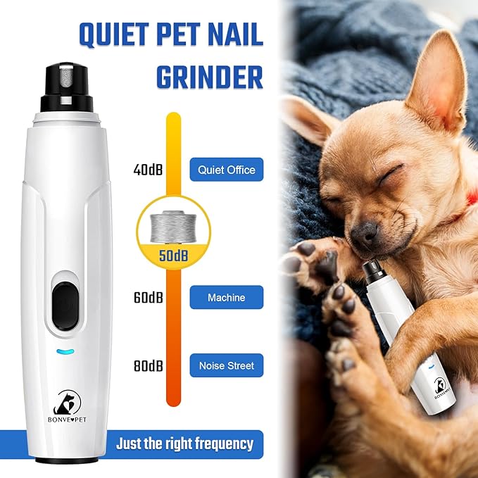 Bonve Pet Nail Grinder for Dogs - Upgraded Dog Nail Trimmers Super Quiet, 2 Speeds, Rechargeable, 2 Grinding Wheels for Small Large Dogs & Cats