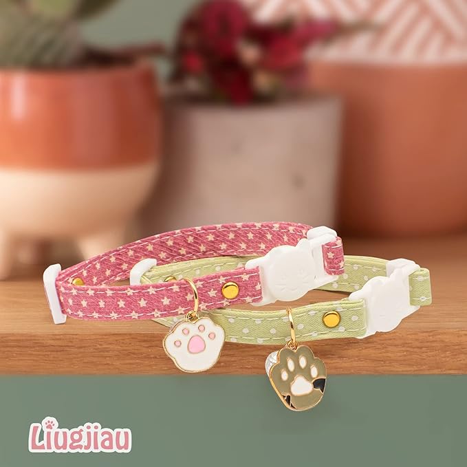 2 Pack Cotton Breakaway Cat Collar with Bell,Pink & Green Cat Paw Pendant Cute Cat Collar Kitten Collar,Ideal for Girl Cats Boy Cats