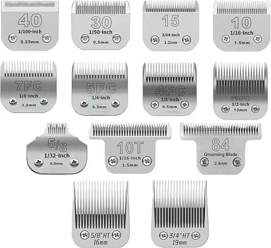 Size 40+10+30+15+7FC+5FC+4FC+3FC+5/8HT+3/4HT+T84+T10+5/8N Toe Blade kit,Pet Dog Grooming Clipper Stainless Steel Blade,Compatible with Andis/Oster A5,Wahl KM10 Series Clippers,13 Pack