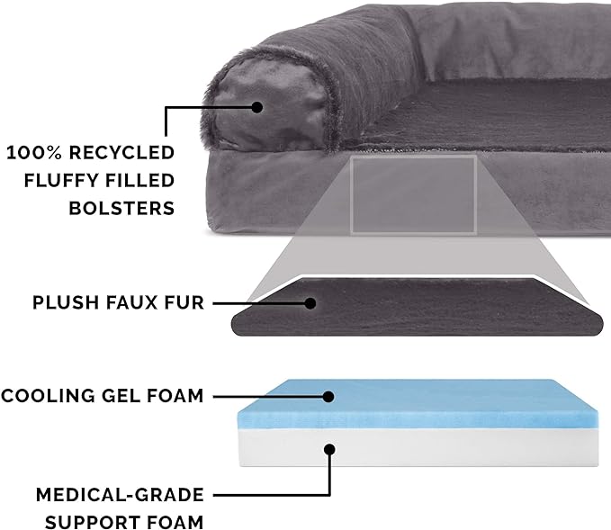 Furhaven Cooling Gel Dog Bed for Large Dogs w/ Removable Bolsters & Washable Cover, For Dogs Up to 125 lbs - Plush & Velvet L Shaped Chaise - Platinum Gray, Jumbo Plus/XXL