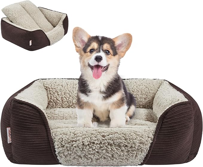 Miguel Washable Dog Bed with Removable Cushion for Small Dogs, Easy to Wash Pet Sofa Bed with Side, Rectangle Bolster Cat Bed Calming Cuddle Puppy Bed with Anti-Slip Bottom, Dark Brown 20 Inch