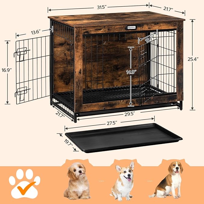 HOOBRO Dog Crate Furniture, Large Dog Kennel, Wooden Pet Furniture with Pull-Out Tray, Home and Indoor Use, Double Doors Modern Side End Table for Medium/Large/Small Dog, Rustic Brown BF802GW03G1