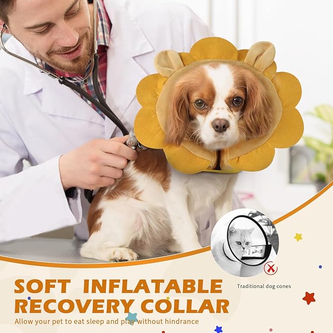 IEUUMLER Inflatable Recovery Dog Collar, Protective Donut Cone, Adjustable Soft Collar for Dog and Cat After Surgery Prevent from Biting & Scratching EU002 (S (Neck:5"-7.1"), Brown Lion)