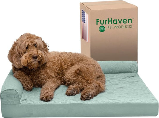 Furhaven Orthopedic Dog Bed for Large/Medium Dogs w/ Removable Bolsters & Washable Cover, For Dogs Up to 55 lbs - Pinsonic Quilted Paw L Shaped Chaise - Iceberg Green, Large