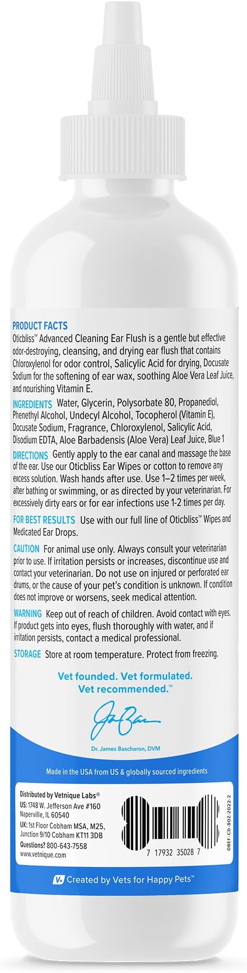 Vetnique Labs Oticbliss Ear Cleaner Wipes/Flushes for Dogs & Cats with Odor Control and Itch Relief Reduces Head Shaking - Clear The Ear