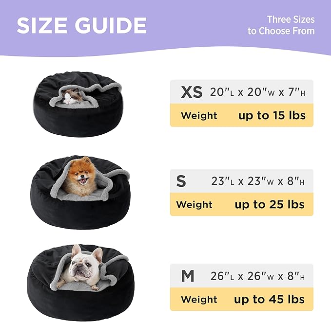 Lesure Small Dog Bed with Cover Cave - Covered Round Puppy Bed with Hooded Blanket, Machine Washable Burrow Pet Bed for Small Dogs and Cats, Cuddler Cozy Cave Dog Bed with Anti-Slip Bottom, Black 23"