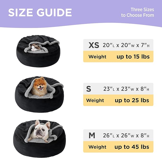 Lesure Cat Bed with Cover Cave - Covered Round Kitten Bed with Hooded Blanket, Machine Washable Burrow Pet Bed for Indoor Cats, Extra Small Cozy Cave Puppy Bed with Anti-Slip Bottom, Black 20"