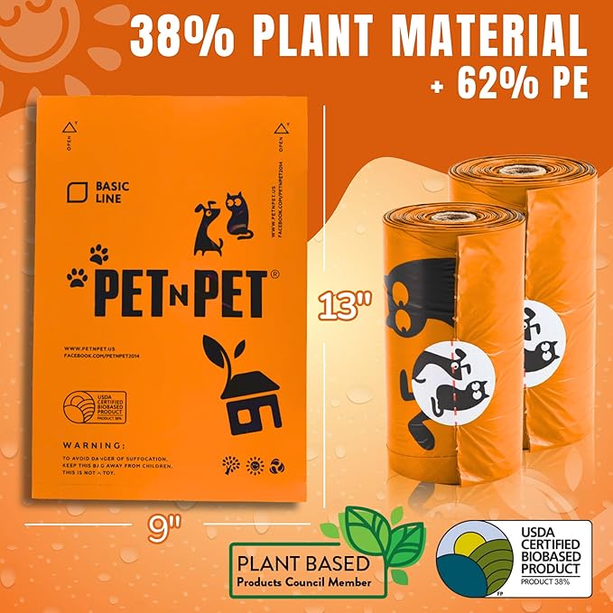 Pet N Pet 1080 Counts Orange Poop Bags for Dogs, 38% Plant Based & 62% PE Extra Thick Dog Poop Bags Rolls, 9" x 13" Unscented Dog Bags for Poop, Doggy Poop Bags, Cat Poop Bags, Dog Waste Bags