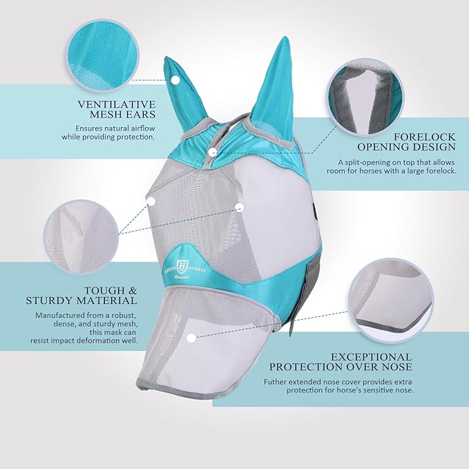 Harrison Howard Full Face Horse Fly Mask UV Protection and Breathable Mask for Equine Use Comfortable Fly Mask for Horses Mint S