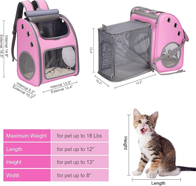Expandable Pet Carrier Backpack for Cats, Dogs and Small Animals, Portable Pet Travel Carrier, Super Ventilated Design, Airline Approved, Ideal for Traveling/Hiking/Camping, Pink