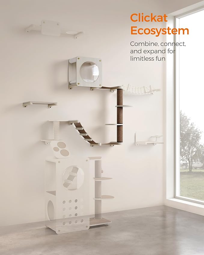 Feandrea Clickat Oasis - Cat Wall Furniture, Set of 5, Cat Wall Shelf, Wall-Mounted Cat Hammock, Scratching Post, Cave, Extremely Quick Assembly, Unlimited Expandability, Replaceable Module and Parts