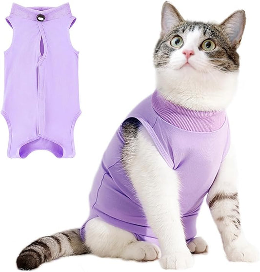 Cat Recovery Suit for Female Cat, Breathable Cat Onesie for Abdominal Wounds Skin Diseases After Surgery, E-Collar Alternative Cat Surgery Shirt Anti Licking-Purple(M)