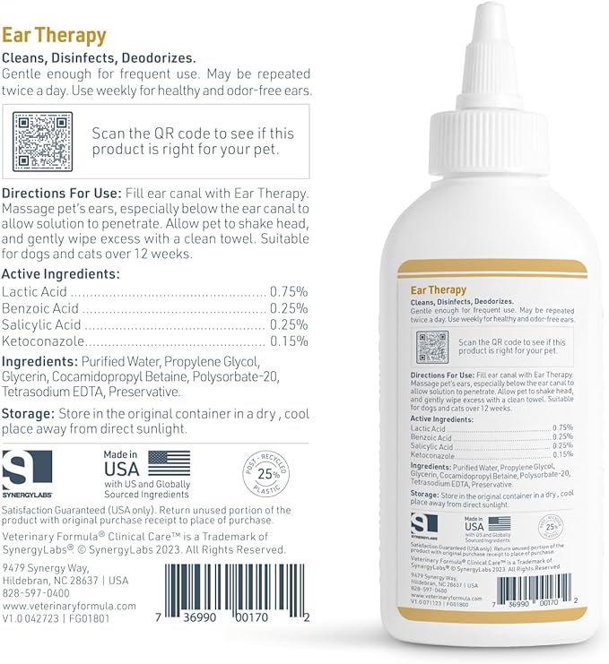 Veterinary Formula Clinical Care Ear Therapy, 4 oz. – Cat and Dog Ear Cleaner to Help Soothe Itchiness and Cleans The Ear Canal from Debris and Buildup That May Cause Infection