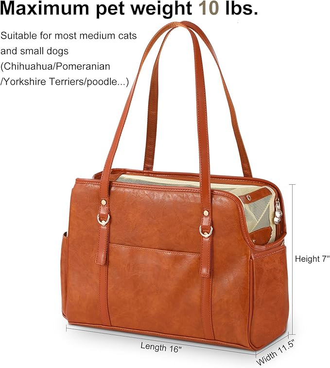 Dog Carrier Purse, Fashion Leather Pet Carrier with Pockets, Airline Approved Soft Sided Dog Carrying Bag for Puppy Cat Dog Brown