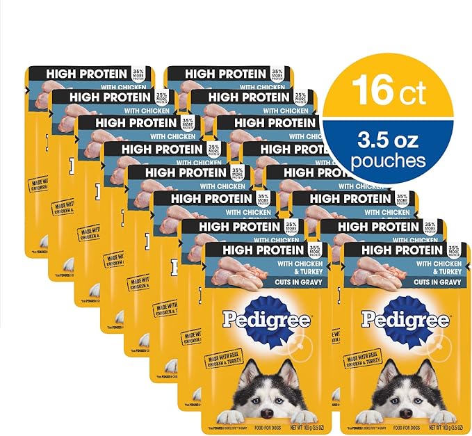 Pedigree High Protein Wet Dog Food Pouches, with Chicken and Turkey Cuts in Gravy, 3.5 oz. Pouches, 16 Count