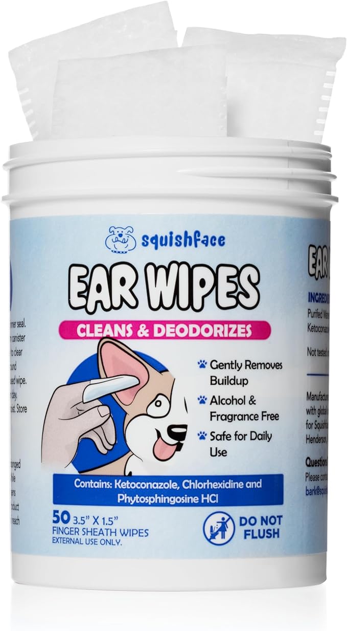 Squishface Dog Ear Relief Individual Finger Sheath Wipes – Non-Allergenic Ingredients & Irritation-Reducing Formula Cleans & Deodorizes, Helps Prevent Ear Itch & Odor – for All Breeds! (50 Count)