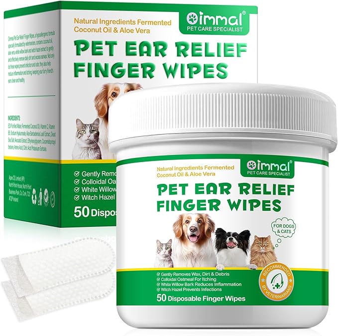 Ear Finger Wipes for Dogs & Cats-50 Pads Disposable Ear Wipes Biodegradable Remove Ear Wax, Debris-Sooths & Deodorizes-Relieve Ear Itching & Inflammation-Stops Head Shaking Dog Ear Cleaner