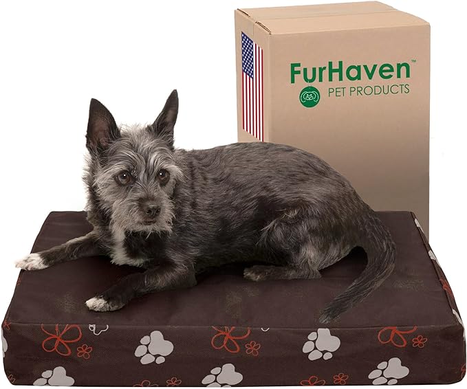 Furhaven Water-Resistant Cooling Gel Dog Bed for Small Dogs w/ Removable Washable Cover, For Dogs Up to 20 lbs - Indoor/Outdoor Garden Print Mattress - Bark Brown, Small