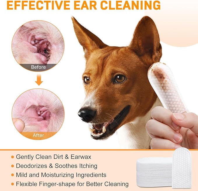 Dog Ear Wipes, Ear Cleaner Finger Wipes for Dogs & Cats, Gently Remove Earwax & Odor, Soothe Ear Itching and Infection, Easy to Use, Natural Cat Ear Wipes for Dogs, 50 Count, Coconut Scent