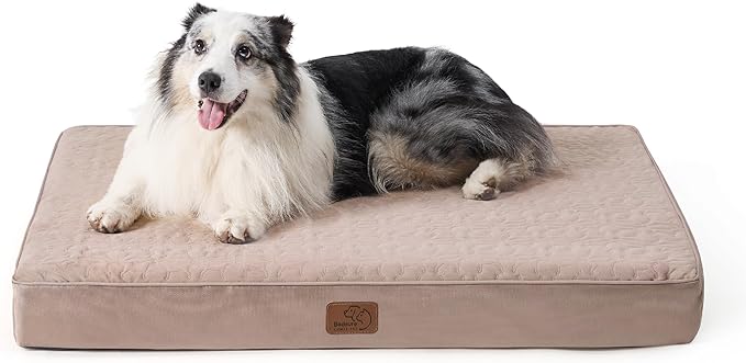 Bedsure Large Orthopedic Dog Bed for Large Dogs - Memory Foam Dog Beds, 2-Layer Thick Pet Bed with Removable Washable Cover and Waterproof Lining (36x27x3.5 Inches), Dog Mattress, Beige