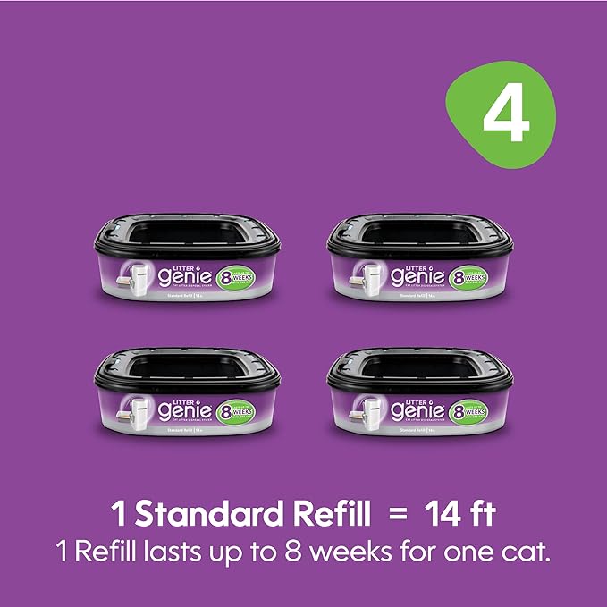 Litter Genie Refill Bags (4-Pack) | Multi-Layers of Odor-Barrier Technology | 1 Square Refill Cartridge Lasts Up to 2 Months Per Cat