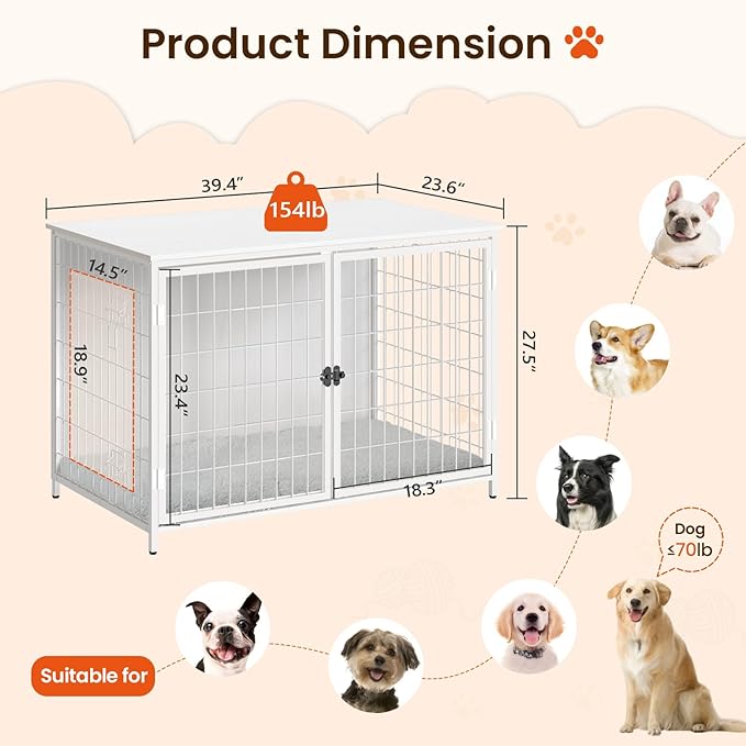 Dog Crate Furniture with Cushion, Wooden Dog Kennel with Double Doors, Heavy Duty Dog Cage for Small/Medium/Large Dogs, Indoor Dog House End Table, 39.4" L, White DCBW10701