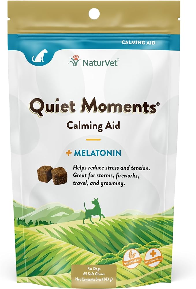 NaturVet Quiet Moments Calming Aid Dog Supplement – Helps Promote Relaxation, Reduce Stress, Storm Anxiety, Motion Sickness for Dogs – Tasty Pet Soft Chews with Melatonin – 65 Ct.