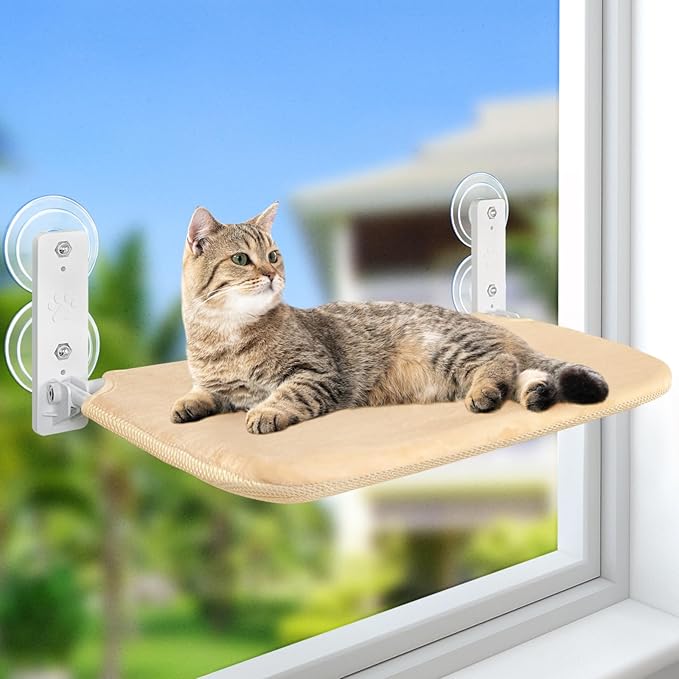 Sunhoo Cat Window Hammock Perch Cordless Perches Window Sill Seat Bed Foldable Stable Lounger Upgraded Suction Cup Easy Assembly Indoor Cats Kitty Shelf Hold Up to 55lbs (Beige, L)