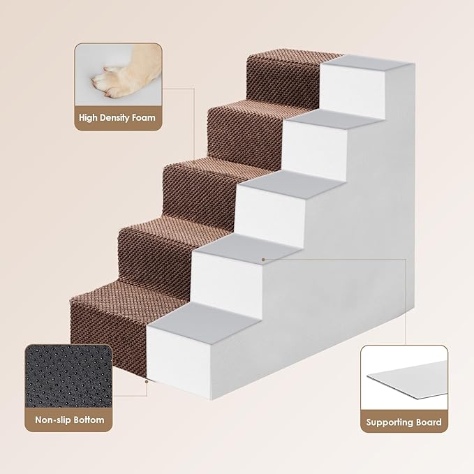 EHEYCIGA Dog Stairs for High Bed 22.5”H, 5-Step Dog Steps for Bed, Pet Steps for Small Dogs and Cats, Non-Slip Balanced Dog Indoor Ramp, Brown