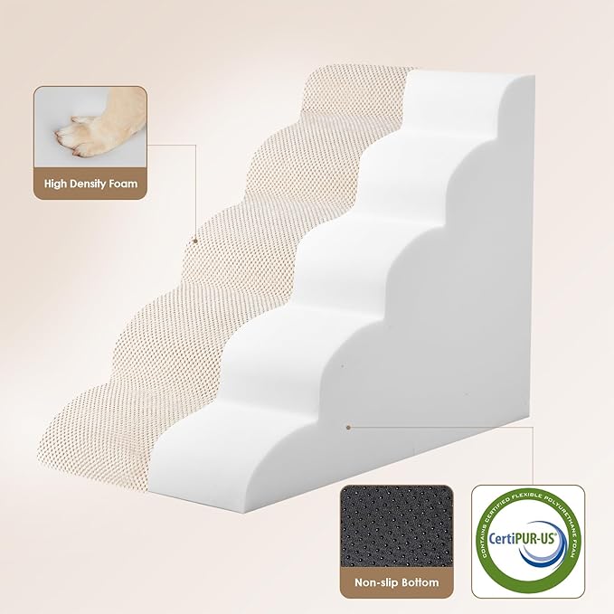 EHEYCIGA Curved Dog Stairs for High Beds 22.6" H, 5-Step Dog Steps for Small Dogs and Cats, Pet Stairs for High Bed Climbing, Non-Slip Balanced Pet Step Indoor, Beige