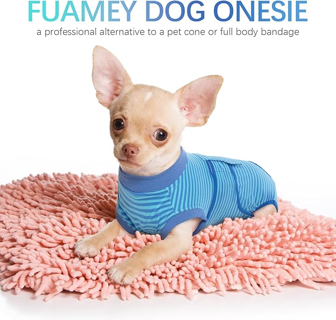 FUAMEY Recovery Suit for Dogs After Surgery,Soft Breathable Dog Bodysuit E-Collar & Cone Alternative Surgical Suit,Male Female Dog Neuter Spay Suits Anti Licking Wounds Onesie Navy Blue Strips XS