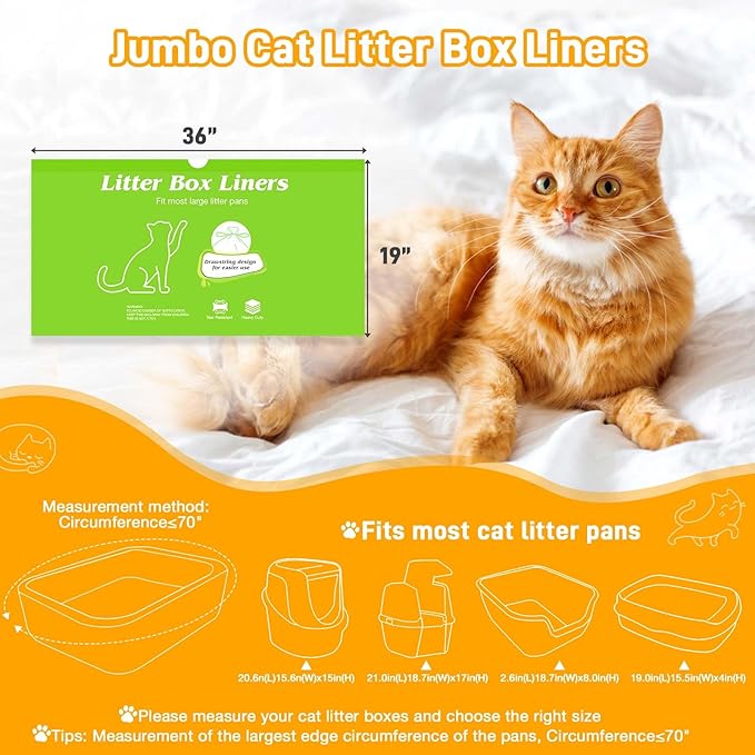 Cat Litter Box Liners 20-Pack, Heavy Duty Cat Litter Liners Jumbo Tear Resistant Waterproof Drawsting Extra Durable Easy Clean Up Fits Most Litter Boxes, Litter Box Liners 36" * 19", 20-Pack