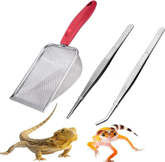 Reptile Sand Substrate Scoop Reptile Sand Fine Mesh Reptile Scooper Stainless Steel Terrarium Substrate Sand Bedding Litter Cleaner Scoop and Reptile Long Feeding Tongs Set (Red-1mm)