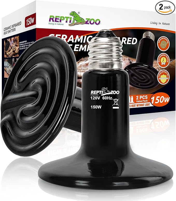 REPTI ZOO 150W Reptile Heat Lamp 2Pack Ceramic Heat Emitter Night Heat Lamp Bulbs Reptile terrarium heat lamp Tank heat bulb for Turtle Bearded Dragon Gecko Lizard Snake Chicken E26