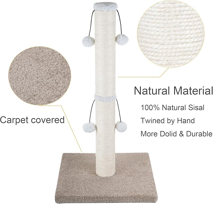 Dimaka Tall Carpet Cat Scratching Post for Large Cats, 29" Natural Sisal Rope Post Tree with Stable Heavy Base and 4 Interactive Toy Balls, Scratcher Post for Indoor Cats(Beige/Yellow V2)